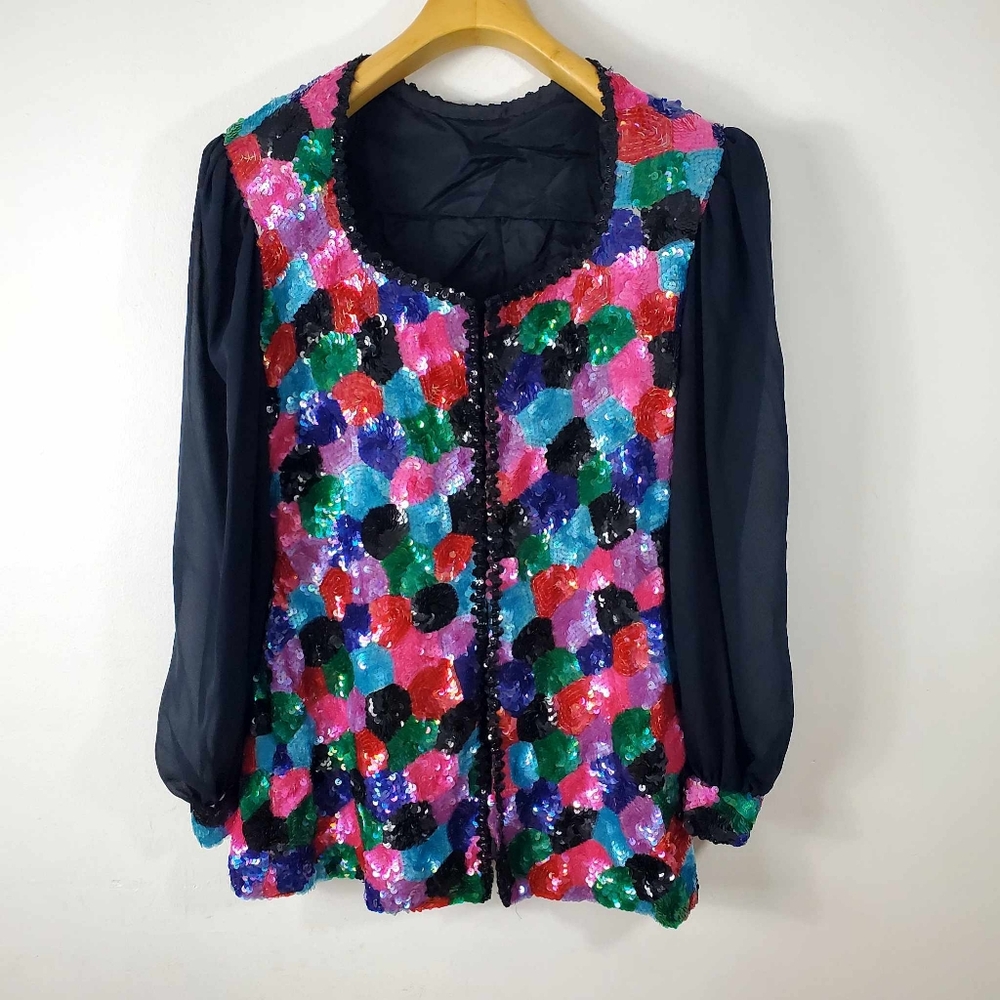 Vintage 80’s Bright Sequin Bolero Retro Rainbow Color Pop Sequined Party Jacket